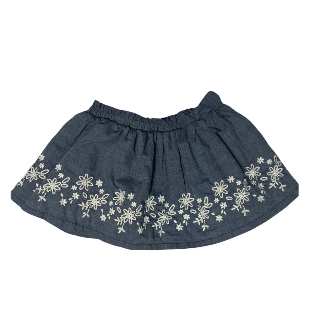 Baby Girl 9M Lined Flare Skirt White Embroidered Flowers Blue Denim-like